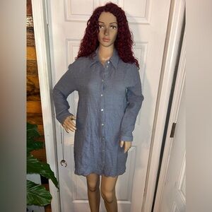 ZARA Blue Gray Gauze Waffle Baby Doll Button Front Tunic Shirt Dress Size L